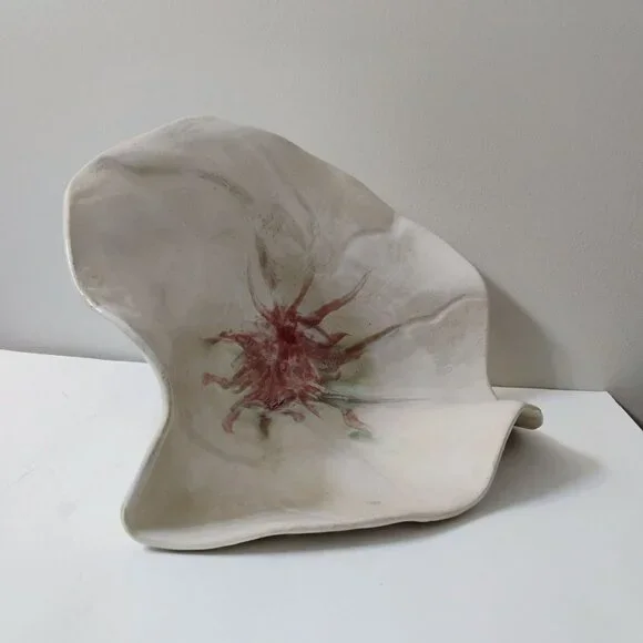 Handcrafted Art Pottery Flower Centerpiece Bowl, Decorative Ceramic White Pink - Picture 8 of 11